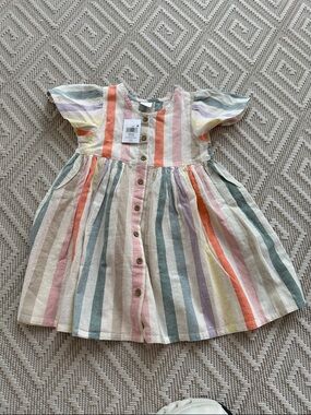 NEXT Kids' Rainbow Stripe Flutter Sleeve Cotton & Linen Dress